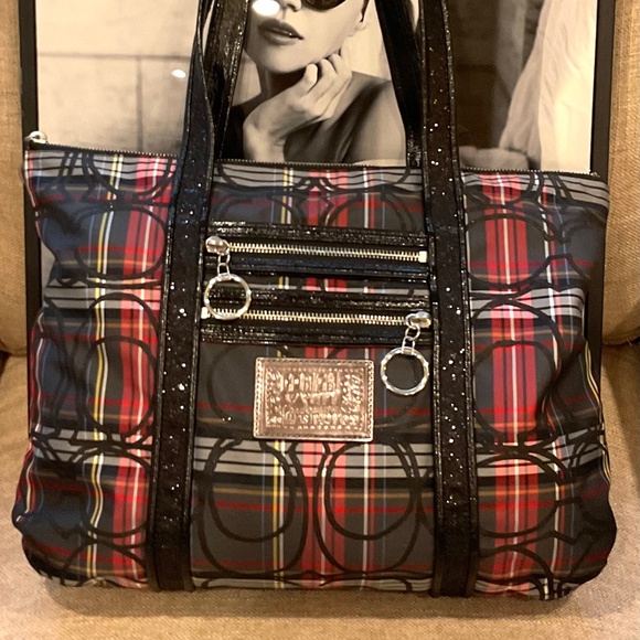 Coach Poppy Glam Tartan Plaid Large red & black Tote. Double Front Zipper - Picture 1 of 16